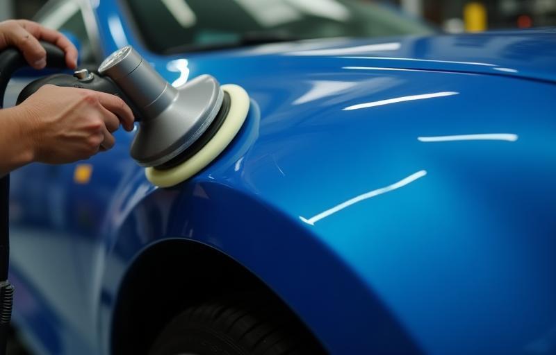 Instructor demonstrating car polishing technique on a blue vehicle fender.